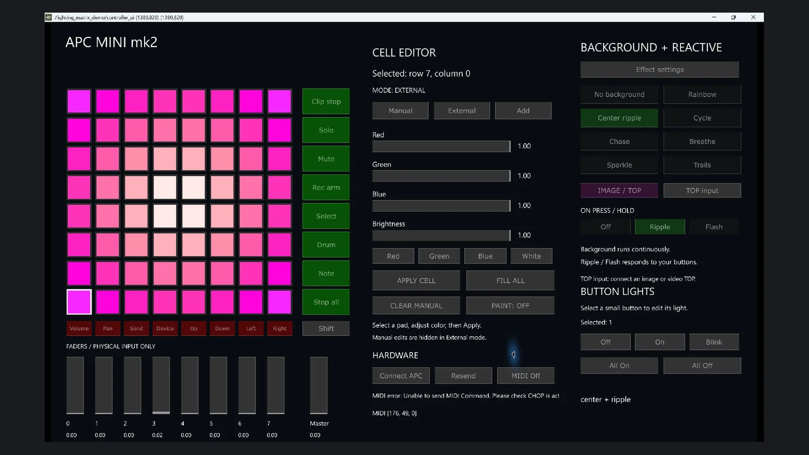 The actual TouchDesigner virtual APC interface with an 8 by 8 matrix, cell editor, effect controls and read-only fader indicators.
