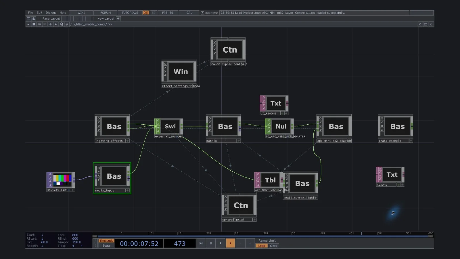 Actual TouchDesigner node network, showing matrix processing, effect and media modules, the controller interface and output adapter.