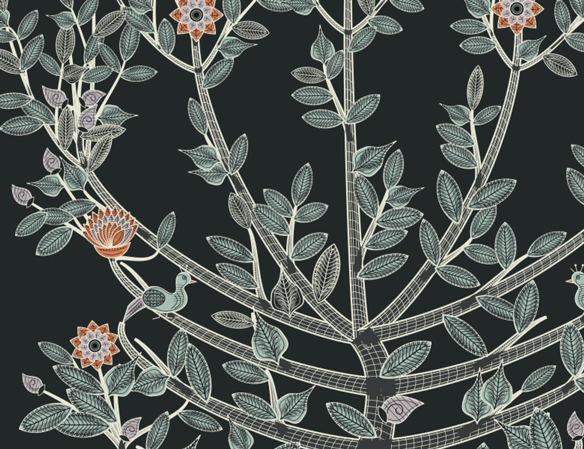 Enlarged detail of curved branch junctions, double outlines, hatched leaves and a perched bird