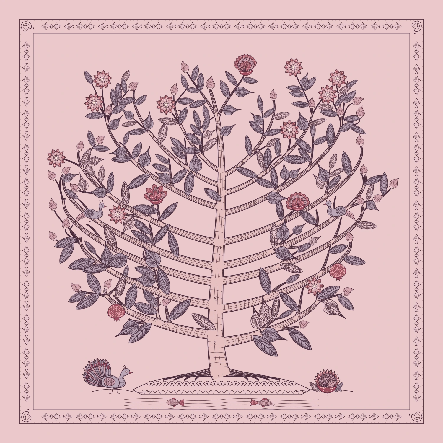 A spreading tree with pink paper, dark outlined foliage, birds, a peacock and patterned flowers