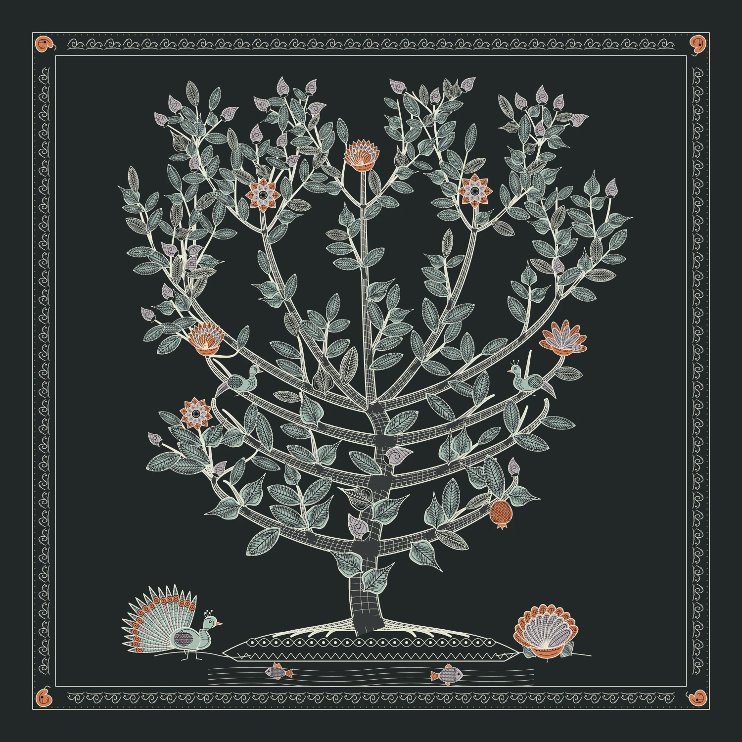 A charcoal painting of a sweeping, finely hatched tree, with pale green leaves, copper flowers and a peacock at its roots
