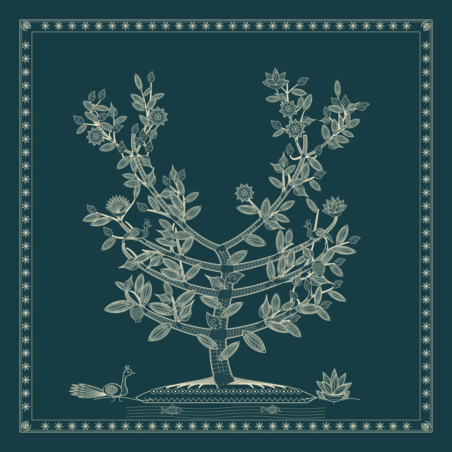 A forked tree in a dark petrol monochrome palette, with fine pale linework and a geometric border