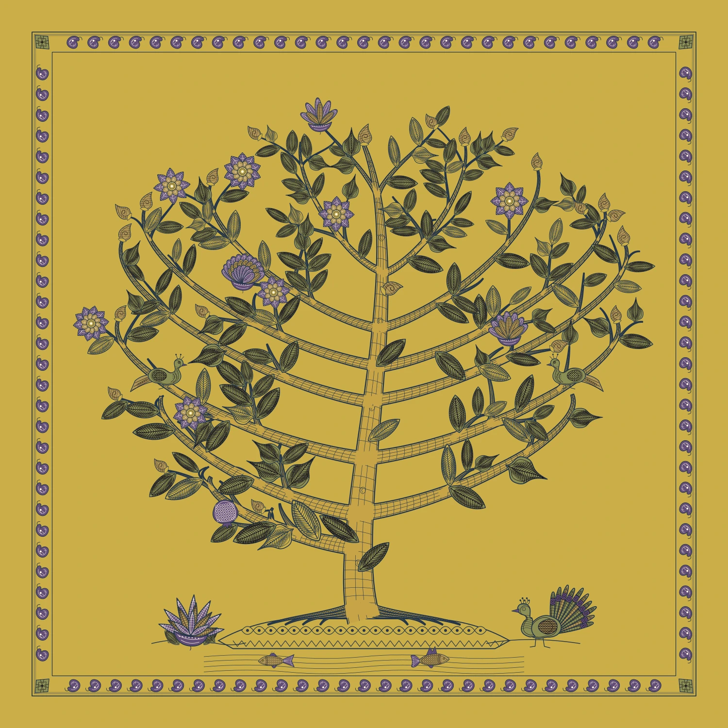 An ochre painting with a tiered tree, indigo contours, patterned leaves and a paisley border