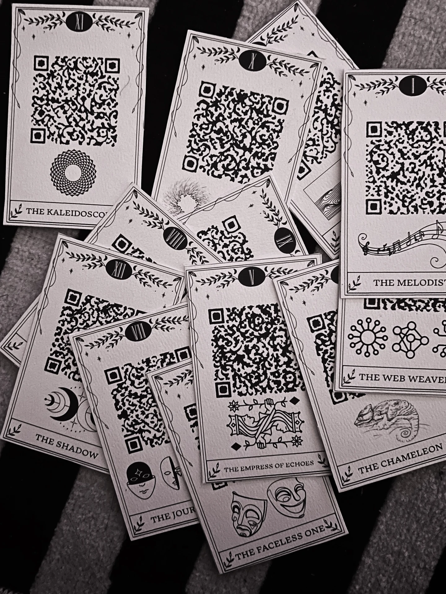 The finished printed tarot cards arranged together.