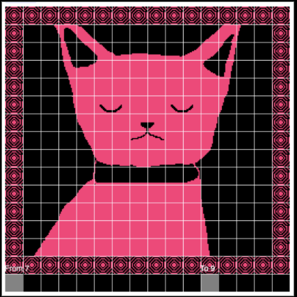 Large pink pixel-art cat portrait assembled from individual tiles.